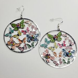 Vintage Excellent - Gorgeous Enameled Large Hoop Butterfly Earrings 925 Sterling